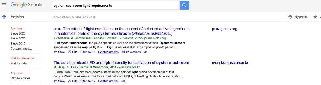 Google Scholar search for oyster mushroom light requirements