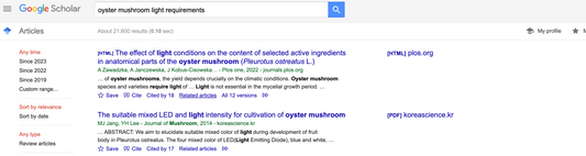 Google Scholar search for oyster mushroom light requirements