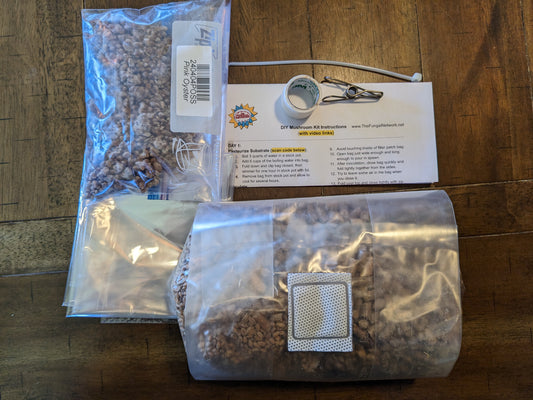 image of everything included in a home mushroom growing DIY kit, including growing substrate and grow bag, single-shot spawn bag, humidity tent, zip tie, micropore paper tape, metal clip and instructions